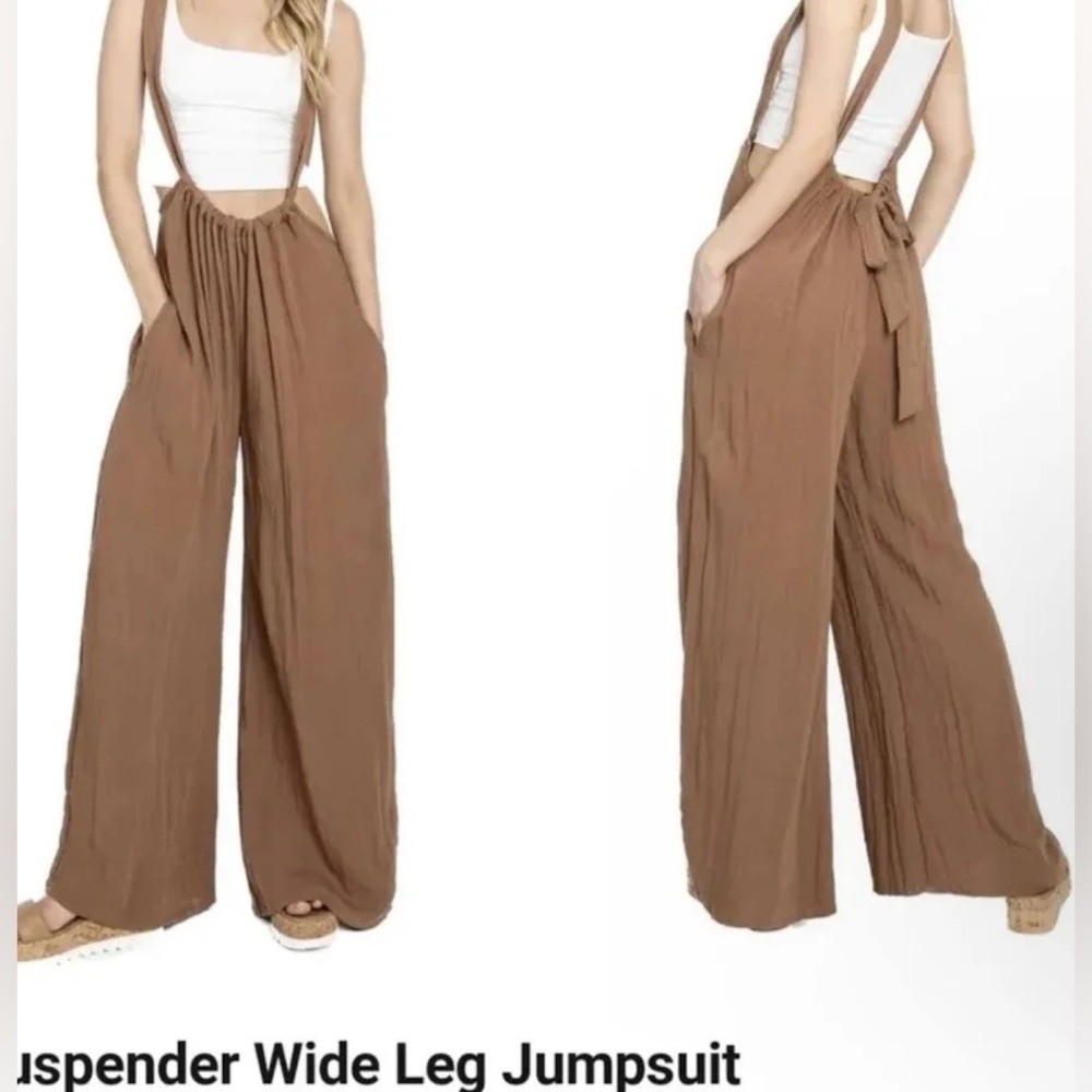 Brand New Zenana Boho Wide Leg Jumpsuit w/ Pockets Stone Light Grey Rayon Small - Picture 3 of 5